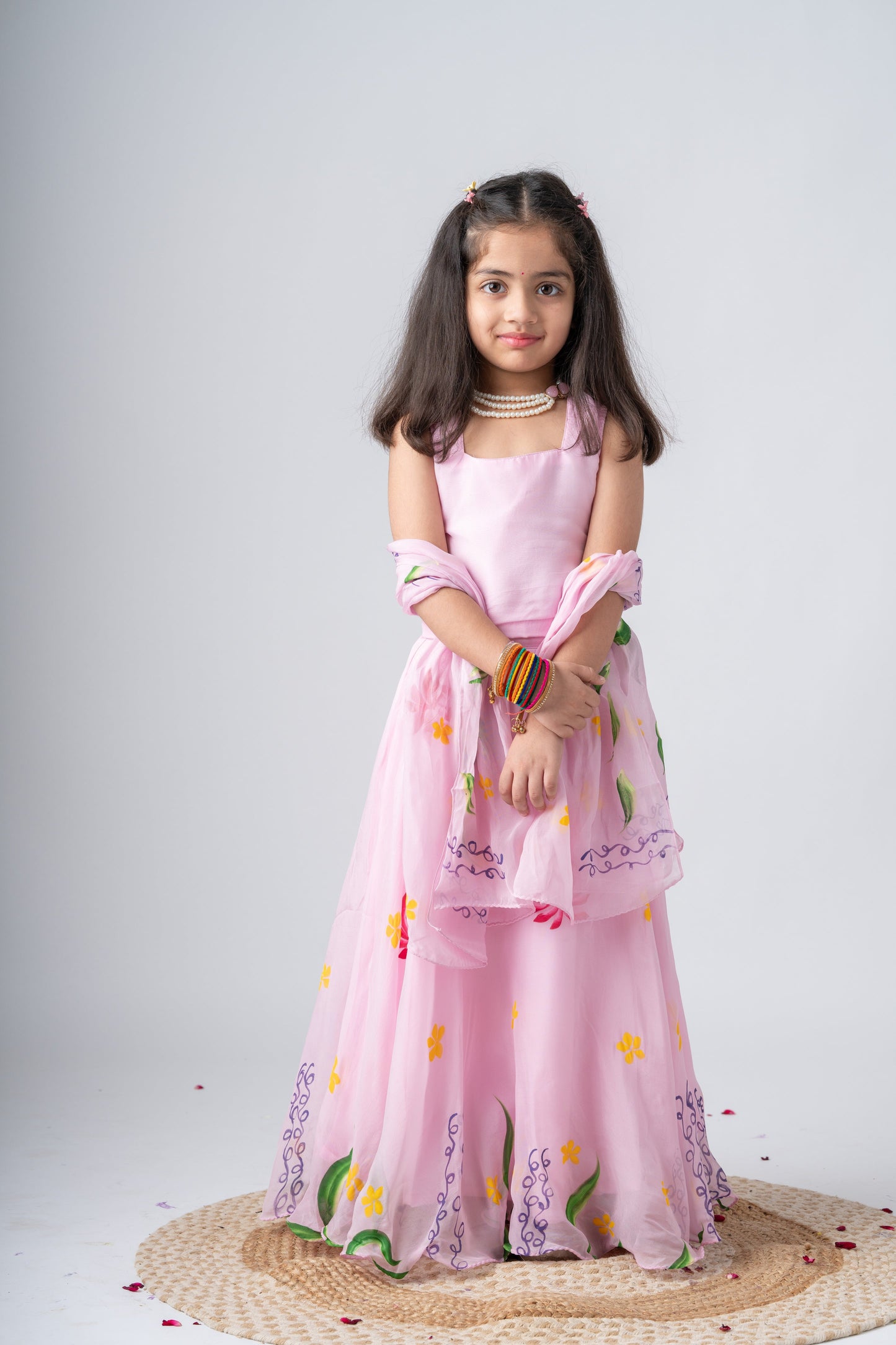 Elegant Pink Floral Girls Gown with Dupatta – Traditional Party Wear Dress for Kids