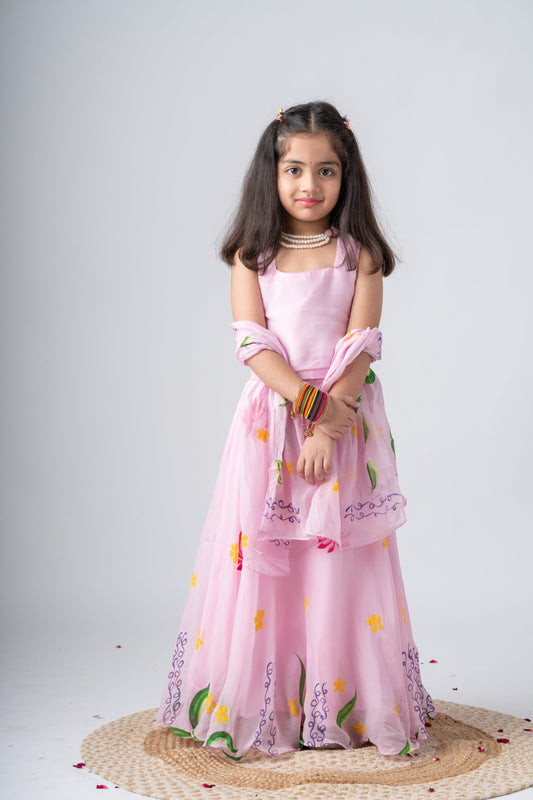 Elegant Pink Floral Girls Gown with Dupatta – Traditional Party Wear Dress for Kids