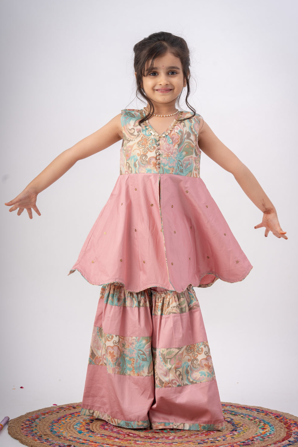 Blush Pink Floral Peplum Kurta Sharara Set for Girls | Premium Cotton Ethnic Wear | Festive & Party Wear with Floral Print