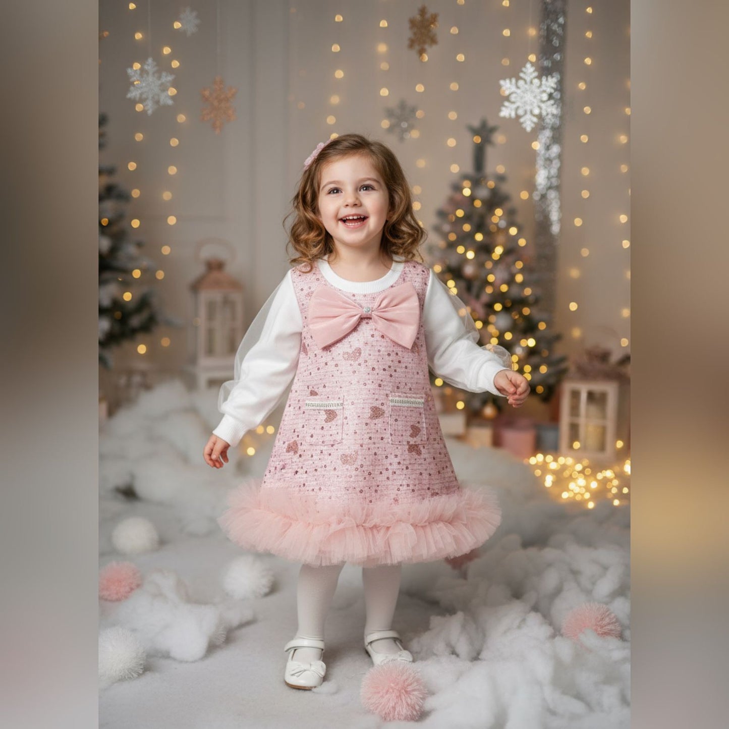 Pink Festive Bow Tulle Dress for Girls