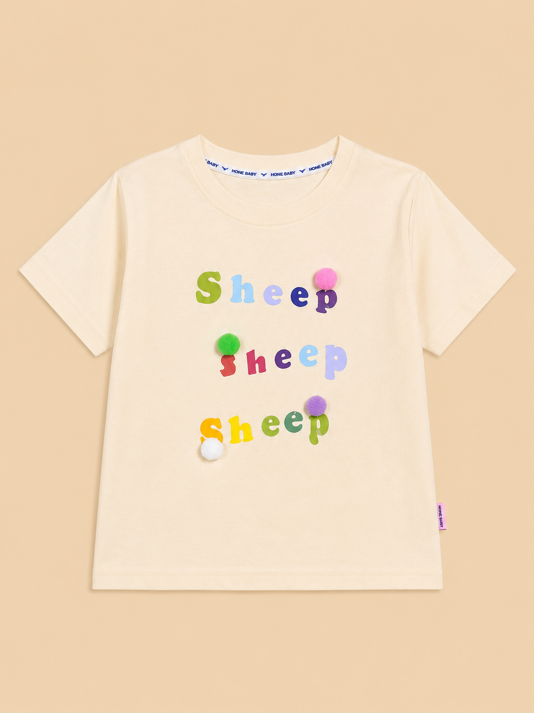 Girls Cream Sheep Printed Cotton T-Shirt | Cute Pom Pom Summer Top for Kids | Cheeky Charms Kids India