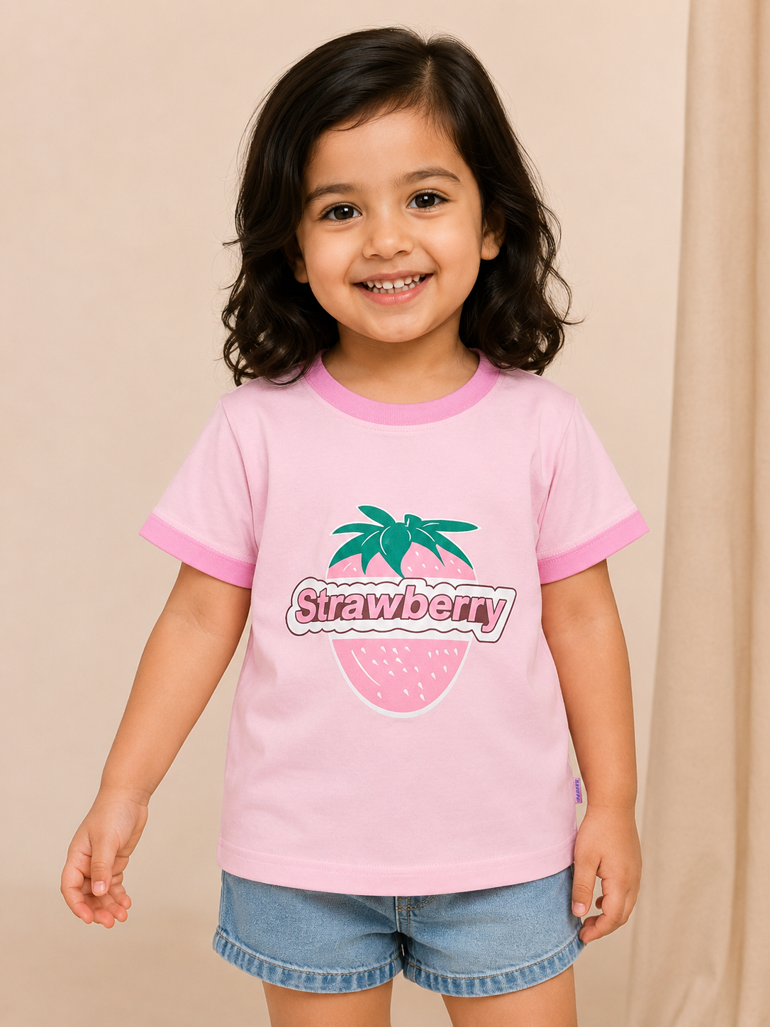 Girls Pink Strawberry Printed Cotton T-Shirt | Cute Summer Casual Wear for Kids | Cheeky Charms Kids India