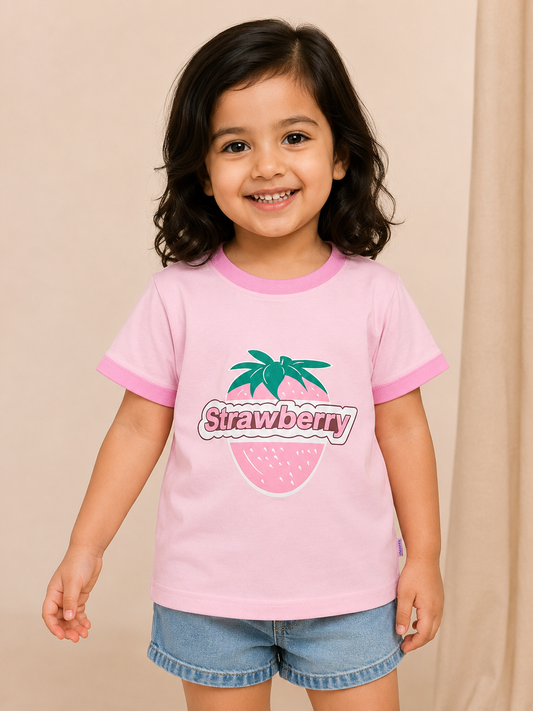 Girls Pink Strawberry Printed Cotton T-Shirt | Cute Summer Casual Wear for Kids | Cheeky Charms Kids India