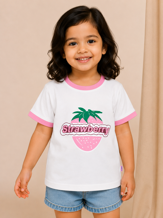 Girls White Strawberry Printed Cotton T-Shirt | Soft Casual Summer Wear for Kids | Cheeky Charms Kids India