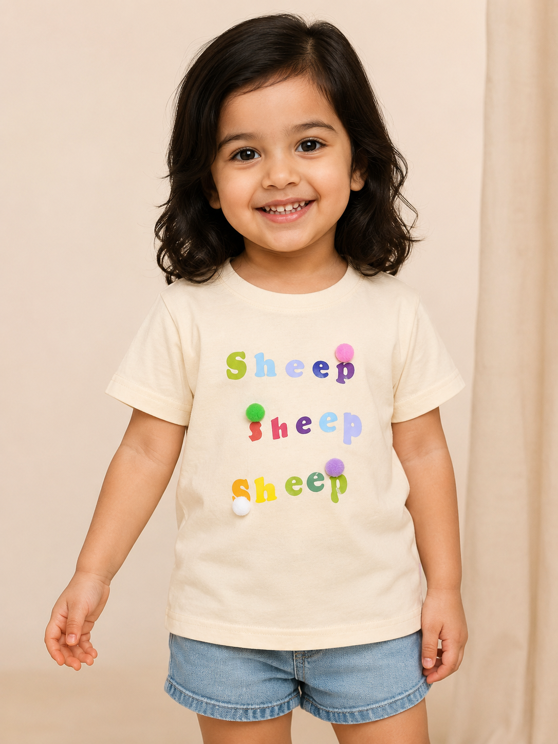 Girls Cream Sheep Printed Cotton T-Shirt | Cute Pom Pom Summer Top for Kids | Cheeky Charms Kids India