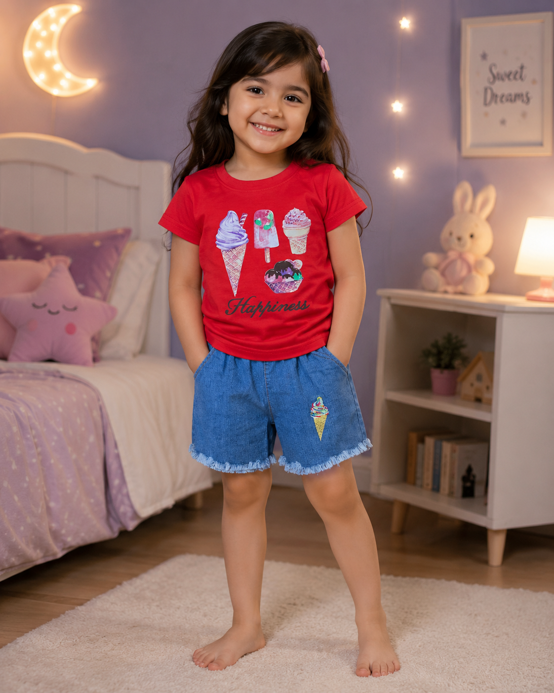 Girls Red Cotton Ice Cream T-Shirt & Denim Shorts Co-Ord Set