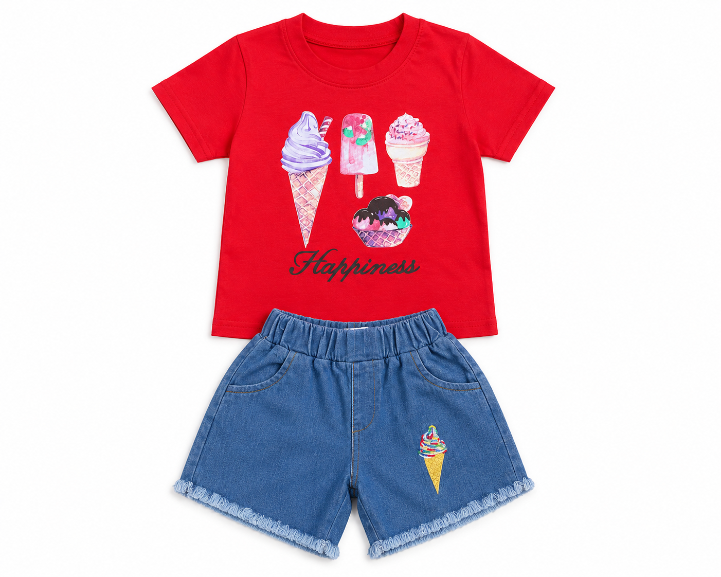 Girls Red Cotton Ice Cream T-Shirt & Denim Shorts Co-Ord Set