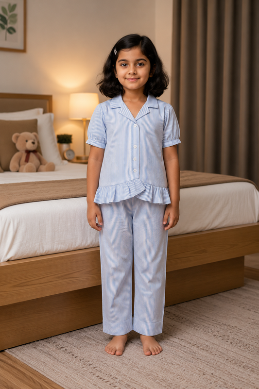 Blue & White Striped Cotton Night Suit for Girls | Soft Breathable Kids Pajama Set with Ruffle Top