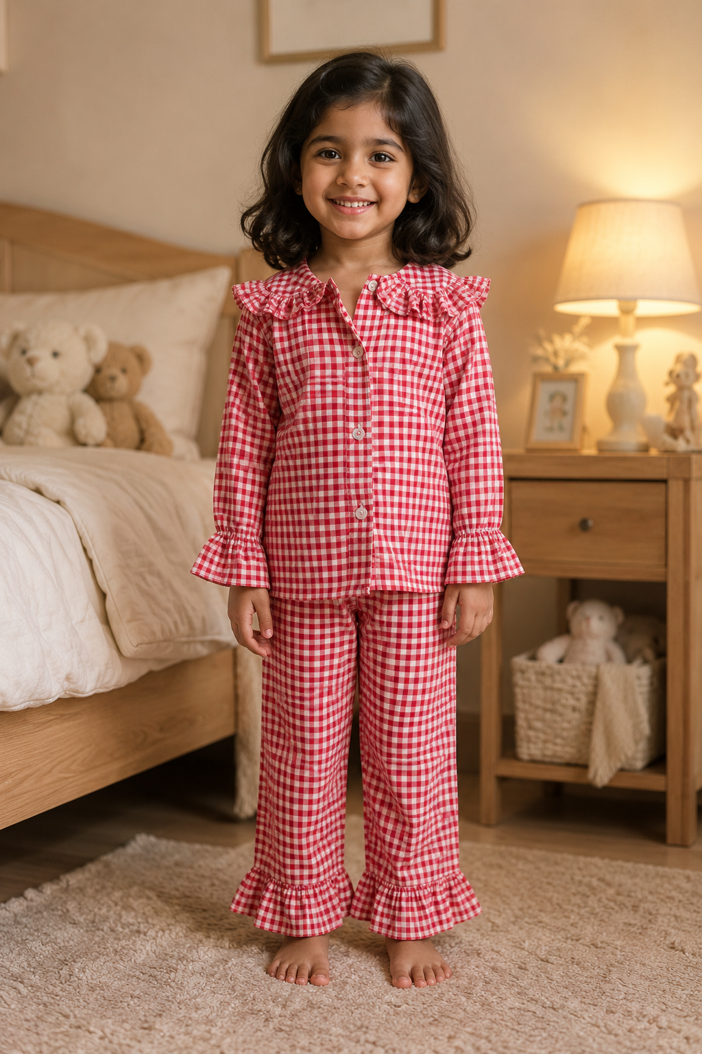 Girls Red Gingham Cotton Night Suit Set with Frill Collar & Ruffle Hem Pajamas