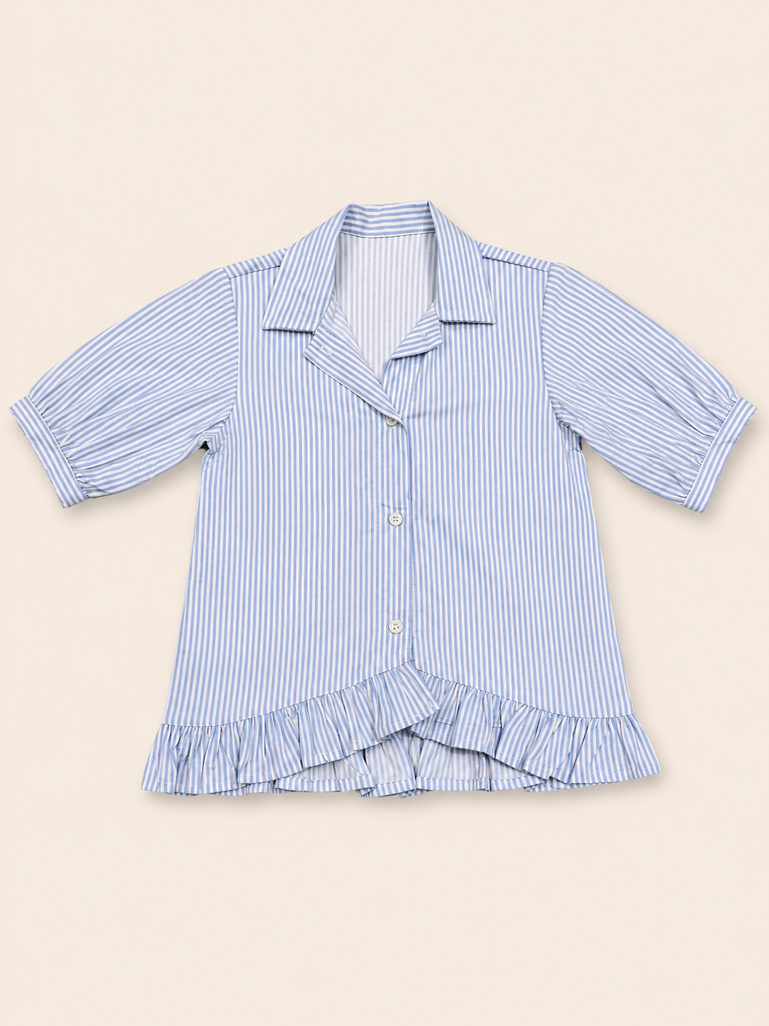 Blue & White Striped Cotton Night Suit for Girls | Soft Breathable Kids Pajama Set with Ruffle Top