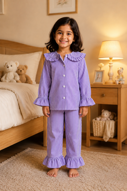 Girls Purple Stripe Cotton Night Suit Set with Frill Collar & Ruffle Hem Pajamas