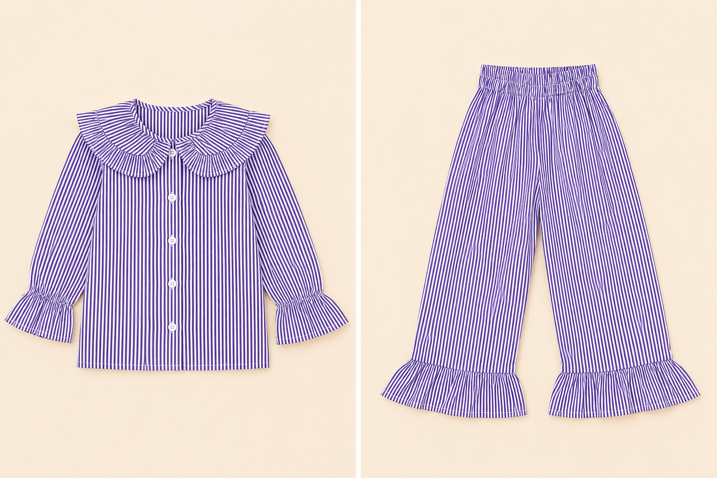 Girls Purple Stripe Cotton Night Suit Set with Frill Collar & Ruffle Hem Pajamas