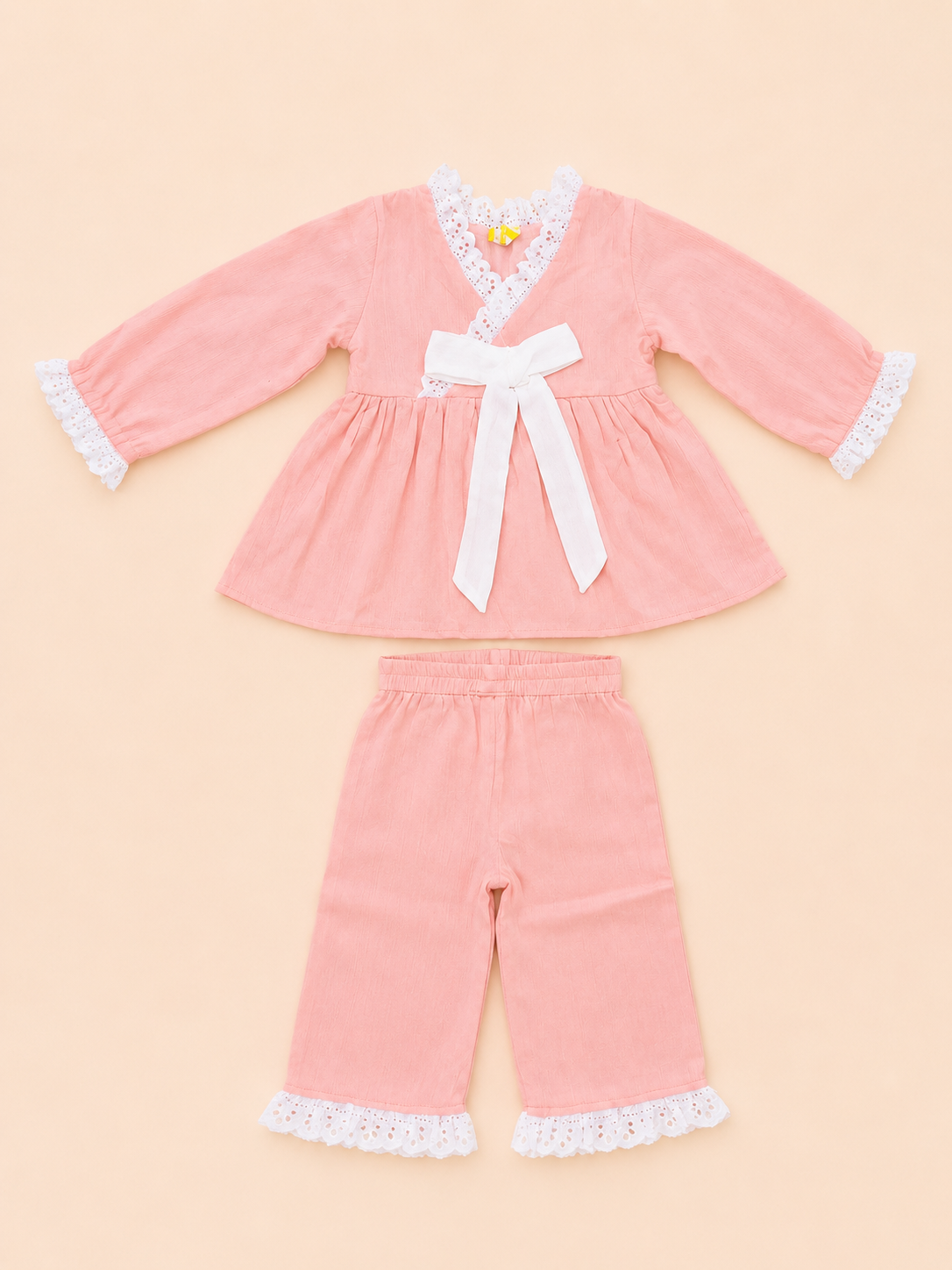 Girls Peach Cotton Night Suit Set with Lace Trim & White Bow Detail
