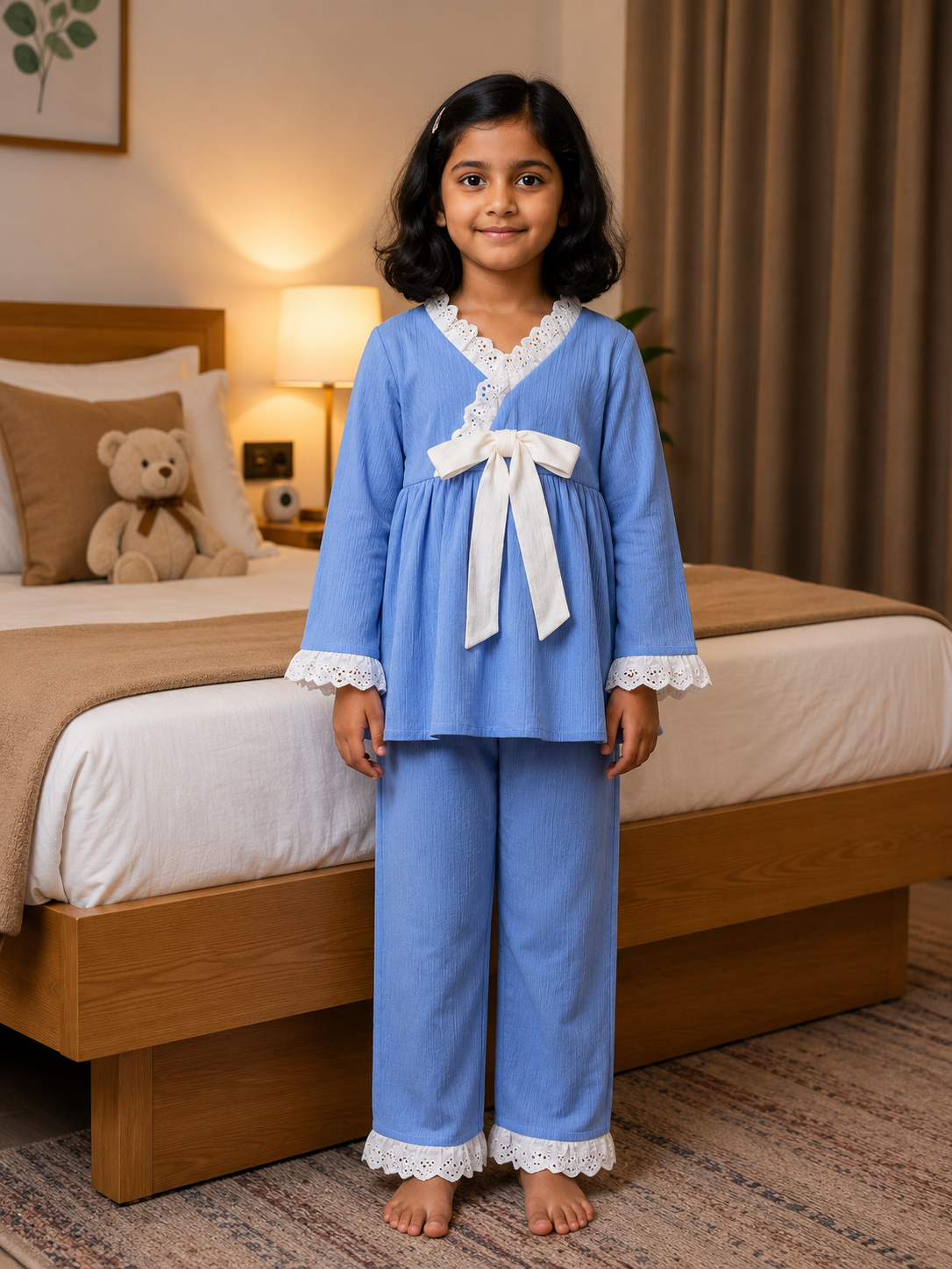 Girls Sky Blue Cotton Night Suit Set with White Lace Trim & Bow Detai