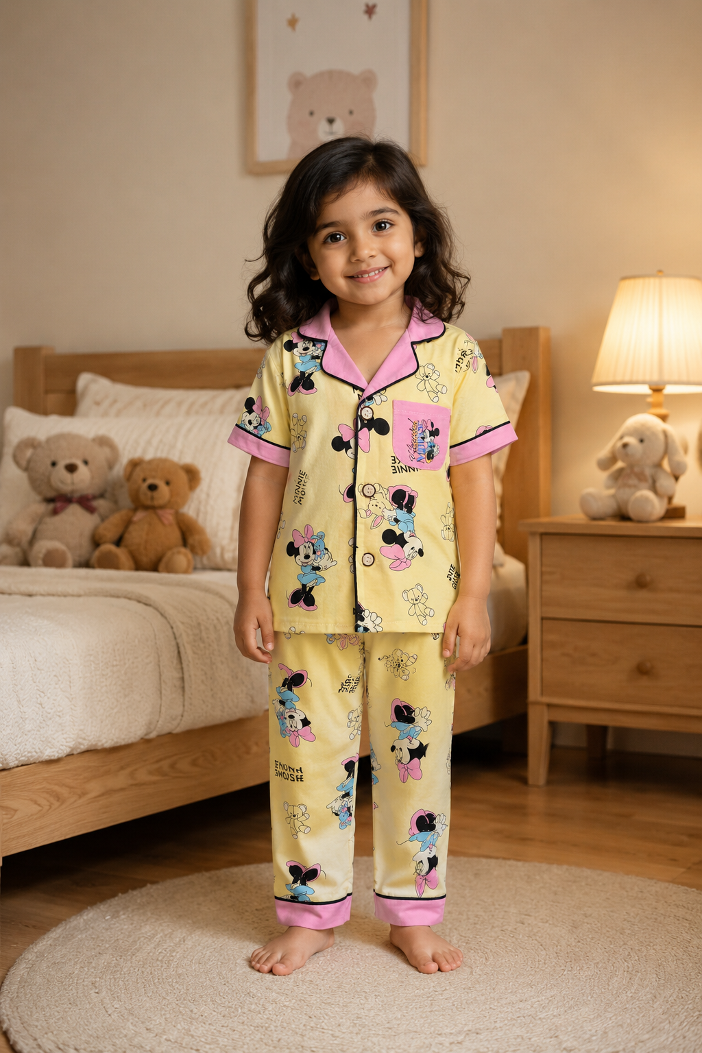 Girls Minnie Mouse Printed Cotton Night Suit Set – Soft & Comfortable Kids Sleepwear in Yellow & Pink