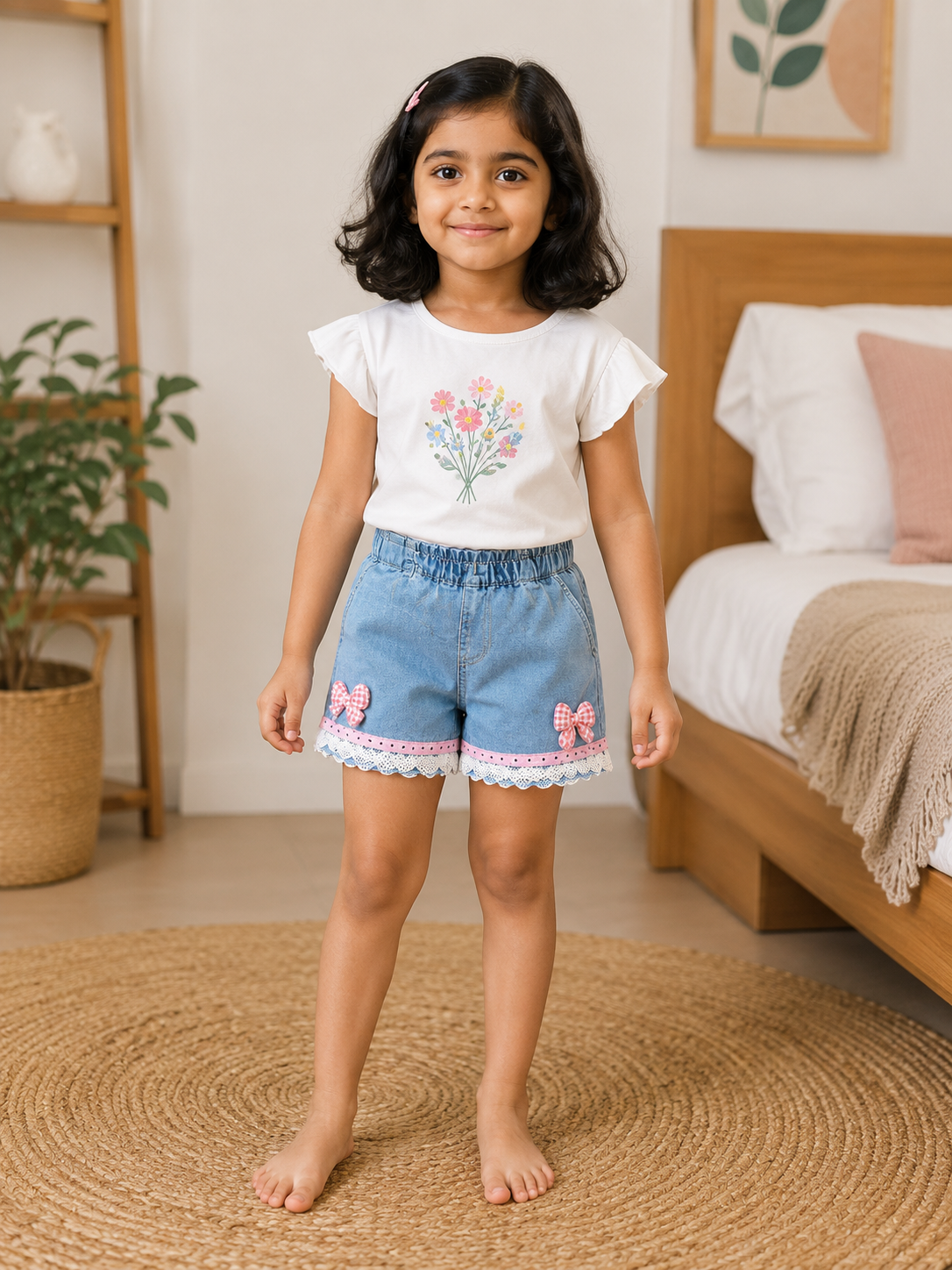 Girls Light Blue Denim Shorts with Lace Trim & Bow Detail | Cute Toddler Denim Bottoms