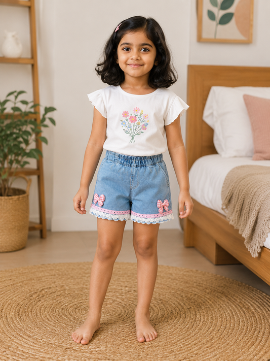 Girls Light Blue Denim Shorts with Lace Trim & Bow Detail | Cute Toddler Denim Bottoms
