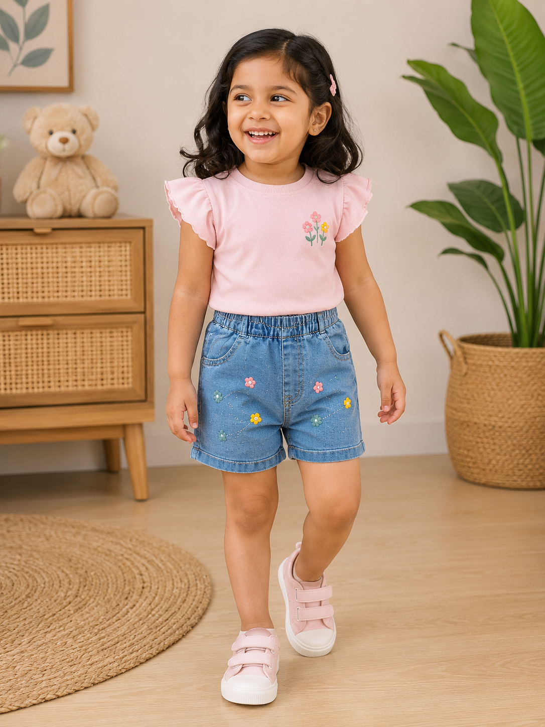Girls Blue Denim Shorts with Floral Embroidery | Cute Elastic Waist Toddler Shorts