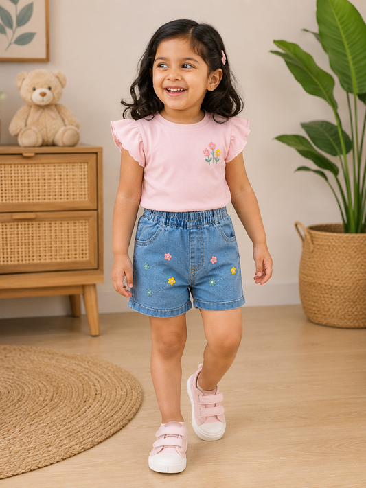 Girls Blue Denim Shorts with Floral Embroidery | Cute Elastic Waist Toddler Shorts