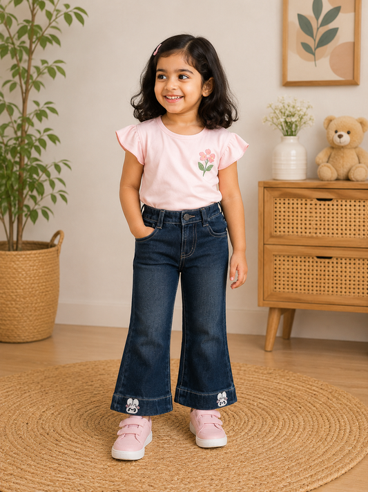 Girls faded black Flared Denim Jeans with Bunny Embroidery | Cute Kids Bell Bottom Jeans
