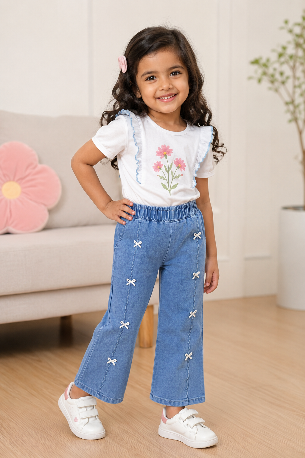 Girls Light Blue Flared Denim Jeans with Bow Detail | Soft Stretch Kids Bottom Wear