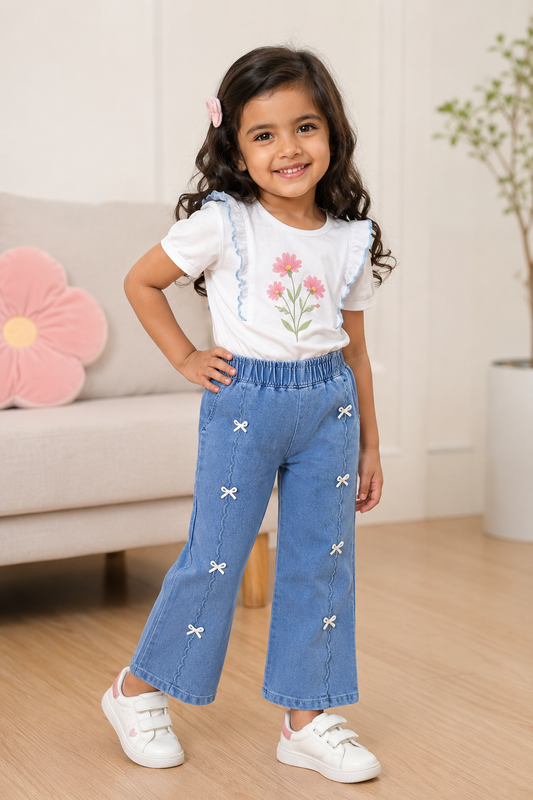 Girls Light Blue Flared Denim Jeans with Bow Detail | Soft Stretch Kids Bottom Wear
