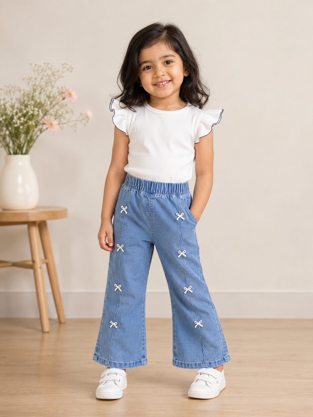 Girls Light Blue Flared Denim Jeans with Bow Detail | Soft Stretch Kids Bottom Wear