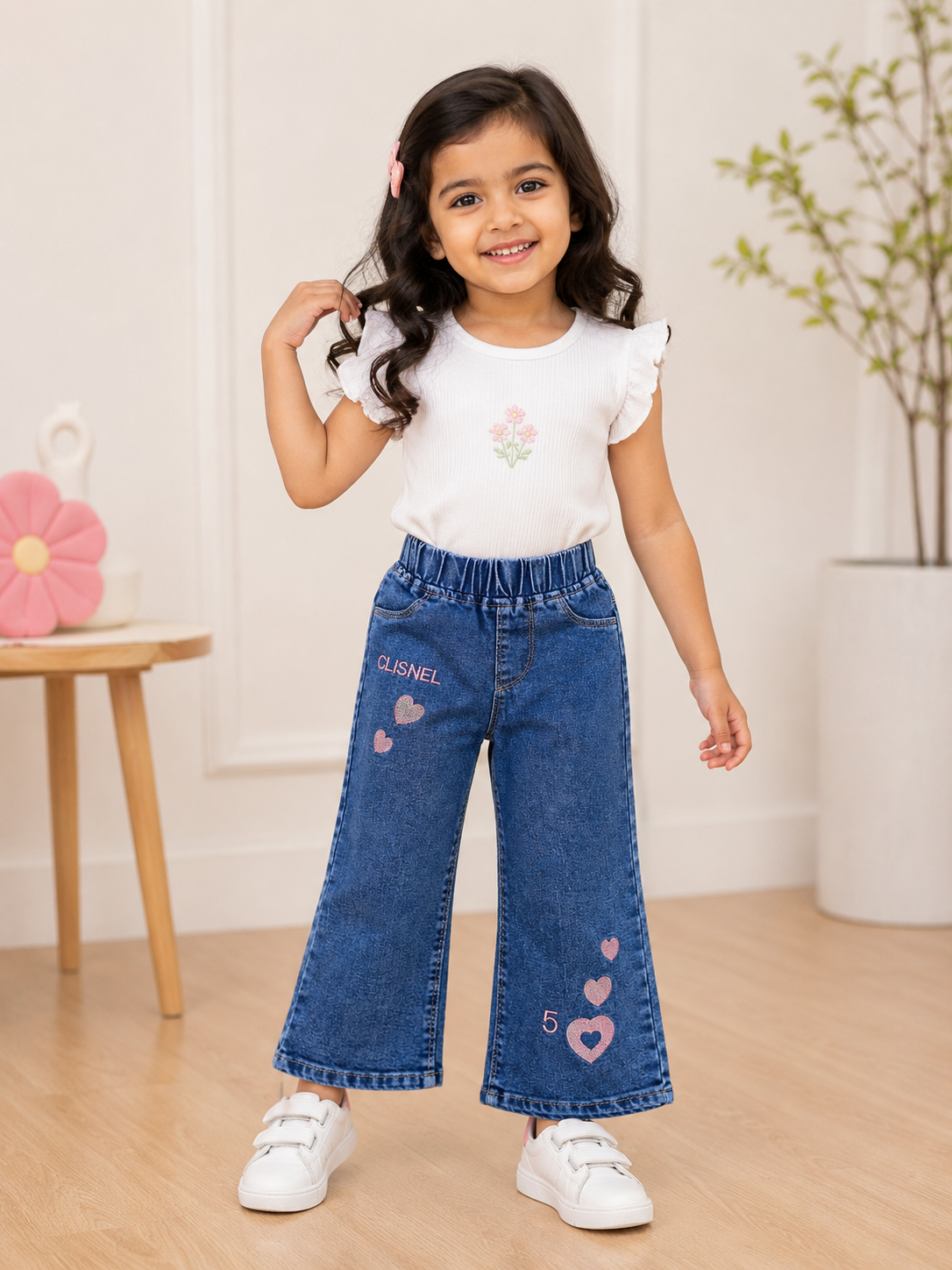 Girls Dark Blue Straight Fit Denim Jeans with Heart Print | Stylish Kids Casual Bottom Wear