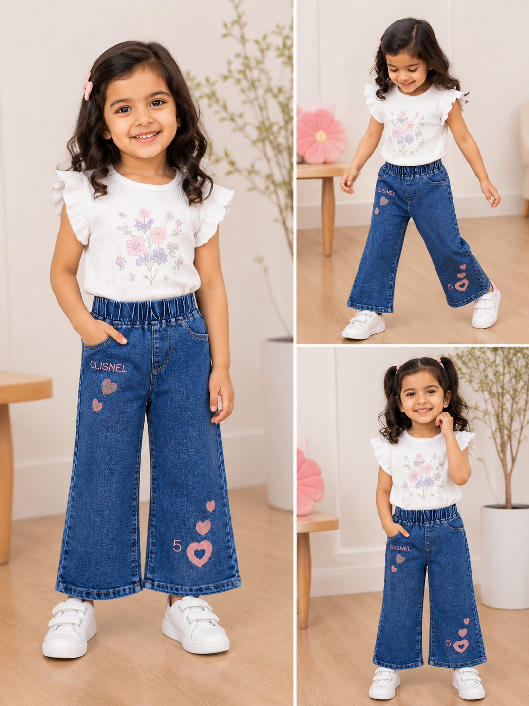 Girls Dark Blue Straight Fit Denim Jeans with Heart Print | Stylish Kids Casual Bottom Wear