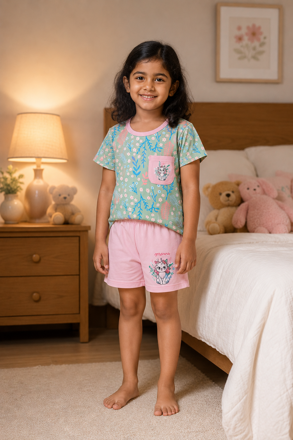 Girls Floral Cotton Night Suit Set with Cute Cat Print Pocket & Pink Shorts | Soft Kids Sleepwear