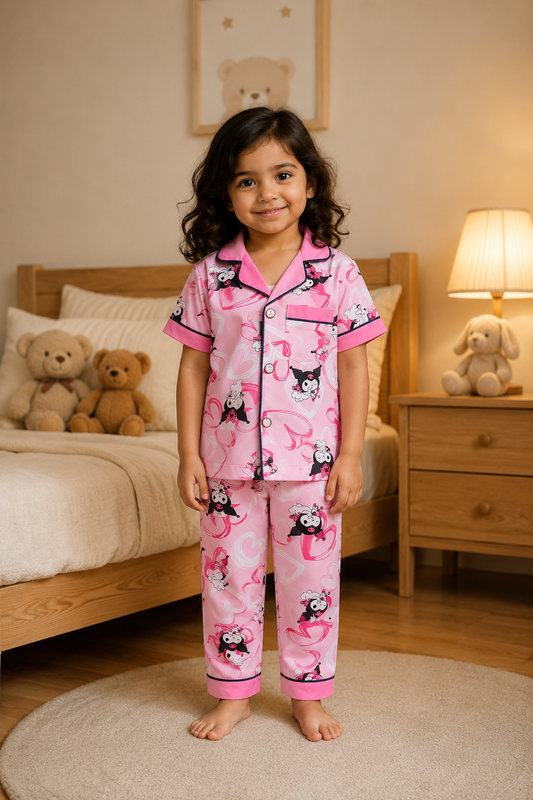 Girls Pink Cartoon Print Cotton Night Suit Set for Kids | Soft & Comfortable Full Sleeve Sleepwear
