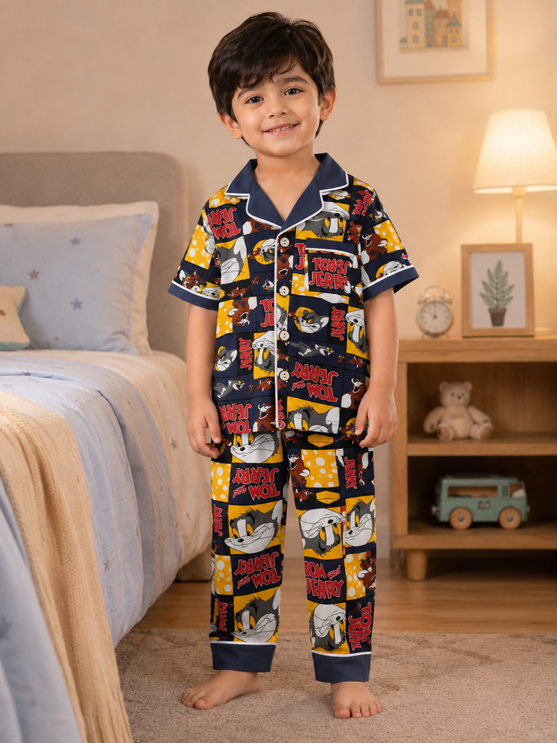 Boys Tom and Jerry Printed Cotton Night Suit Set – Half Sleeve Kids Pajama Set with Collar Neck