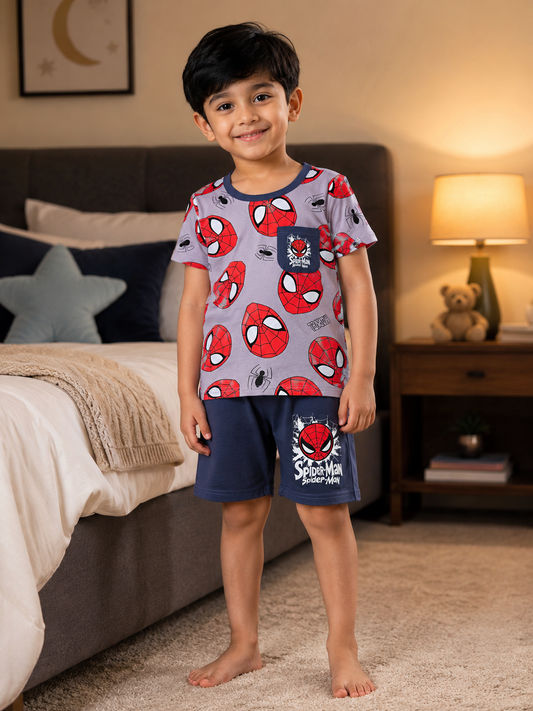 Boys Spider-Man Printed Cotton Night Suit Set – Grey Kids Half Sleeve T-Shirt and Shorts Sleepwear