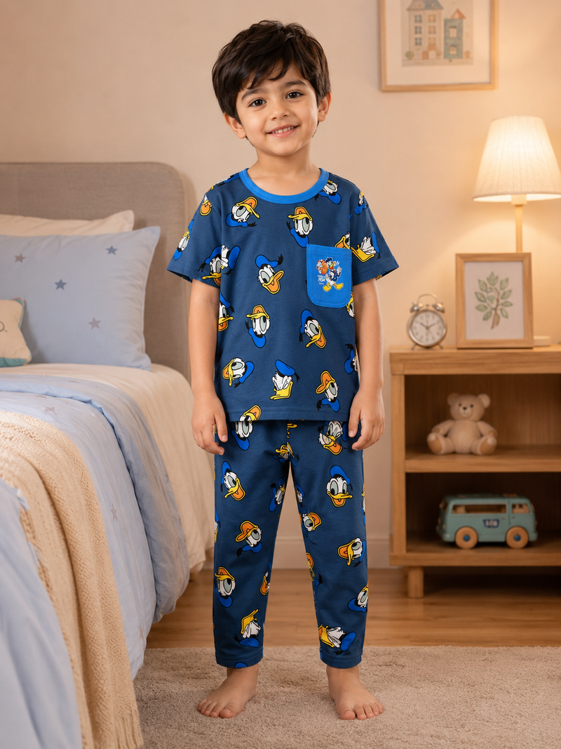 Boys Donald Duck Printed Cotton Night Suit Set – Blue Full Sleeve Kids Pajama Sleepwear
