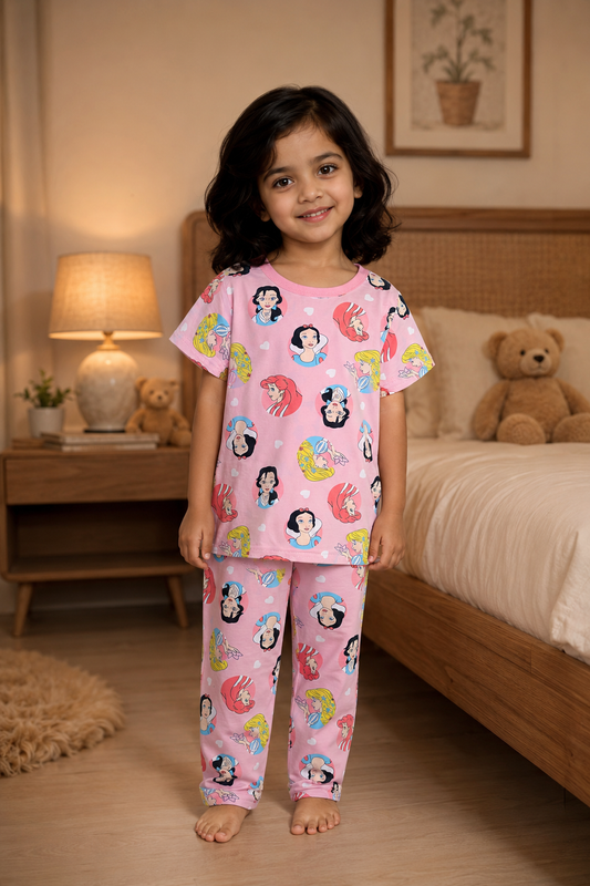Girls Disney Princess Printed Cotton Night Suit Set – Soft Pink Kids Sleepwear with Full Pants