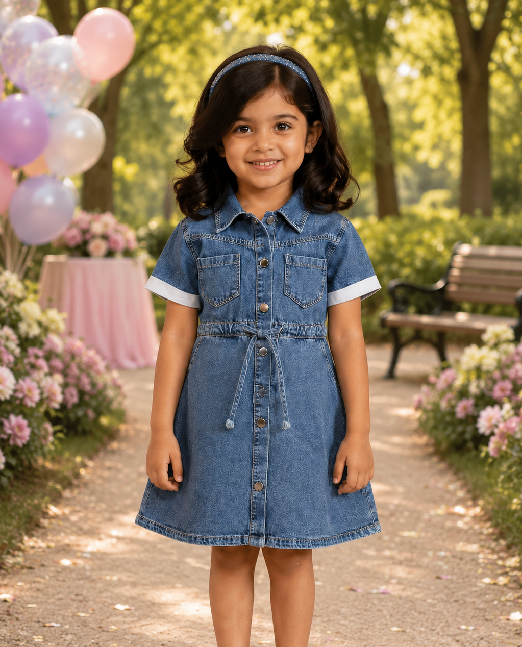 Girls Blue Denim Shirt Dress with Tie Waist | Soft Cotton Casual Kids Dress