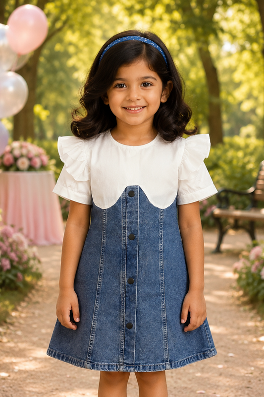Girls Denim A-Line Dress with White Frill Sleeves | Stylish Casual Kids Dress
