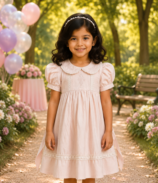 Girls Cream Cotton Party Dress with Lace Details | Elegant Kids Puff Sleeve Dress