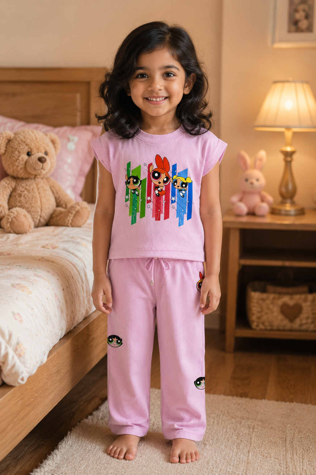 Pink Cartoon Printed Cotton Co-Ord Set for Girls | Soft Ribbed Kids Sleepwear