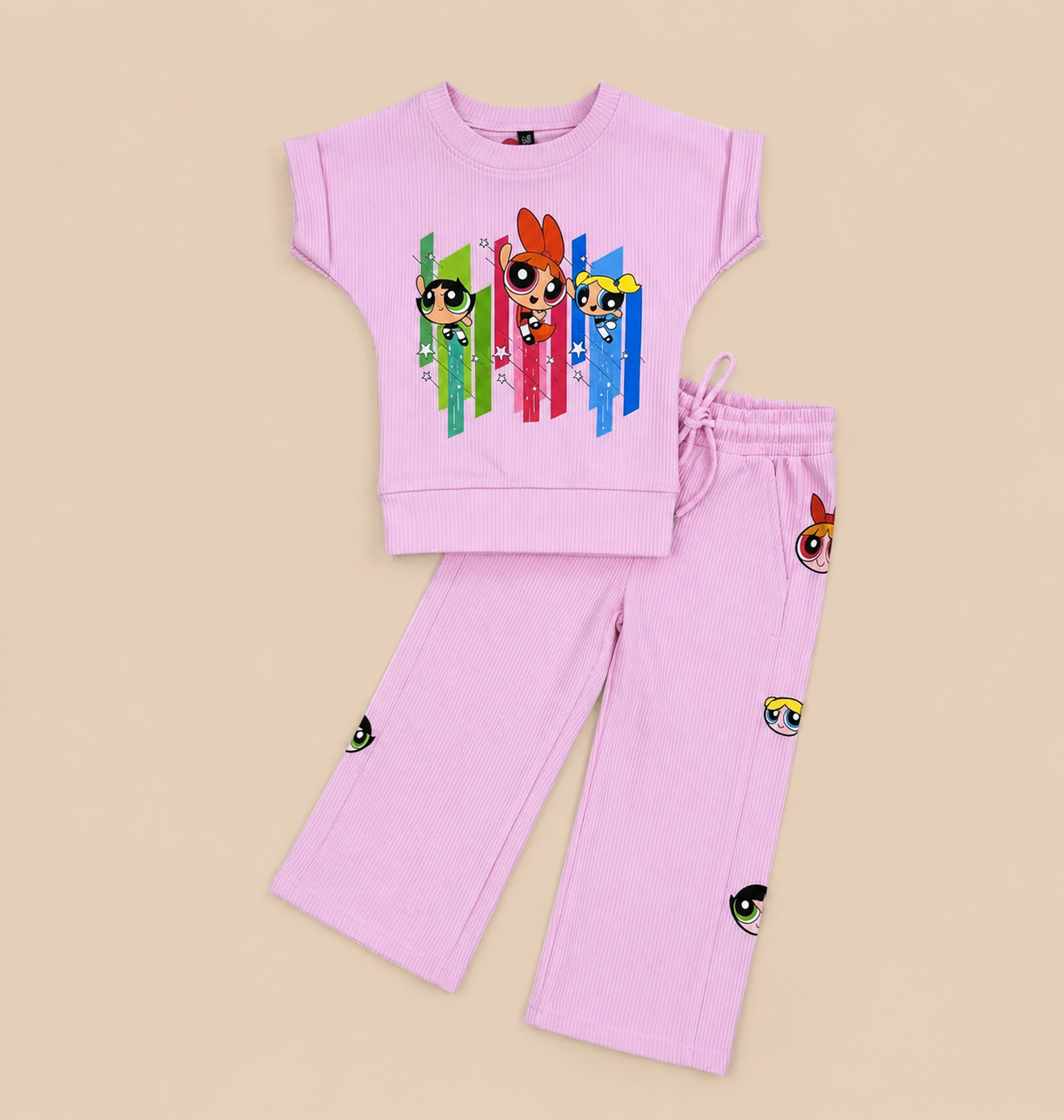 Pink Cartoon Printed Cotton Co-Ord Set for Girls | Soft Ribbed Kids Sleepwear