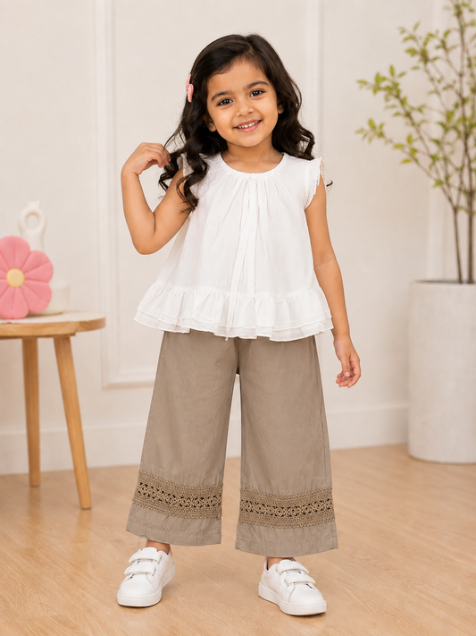 Elegant White & Beige Girls Cord Set for Kids | Stylish Cotton Summer Co-Ord Set for Girls in India
