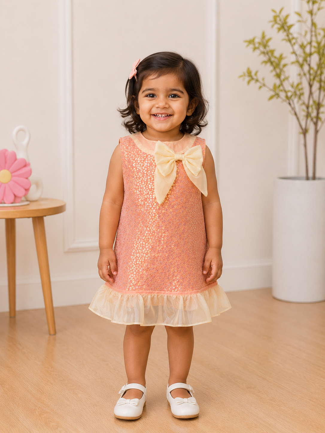 Peach Sequin Party Dress for Baby Girls | Elegant Sleeveless Birthday & Festive Wear Dress for Kids in India
