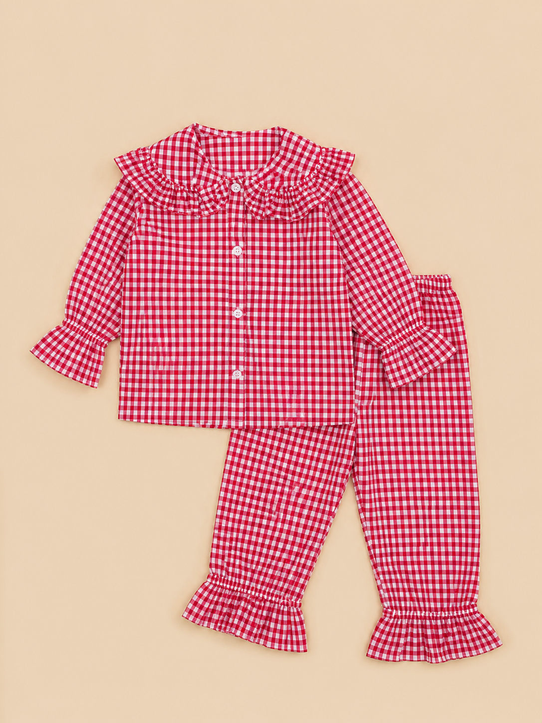 Girls Red Gingham Cotton Night Suit Set with Frill Collar & Ruffle Hem Pajamas