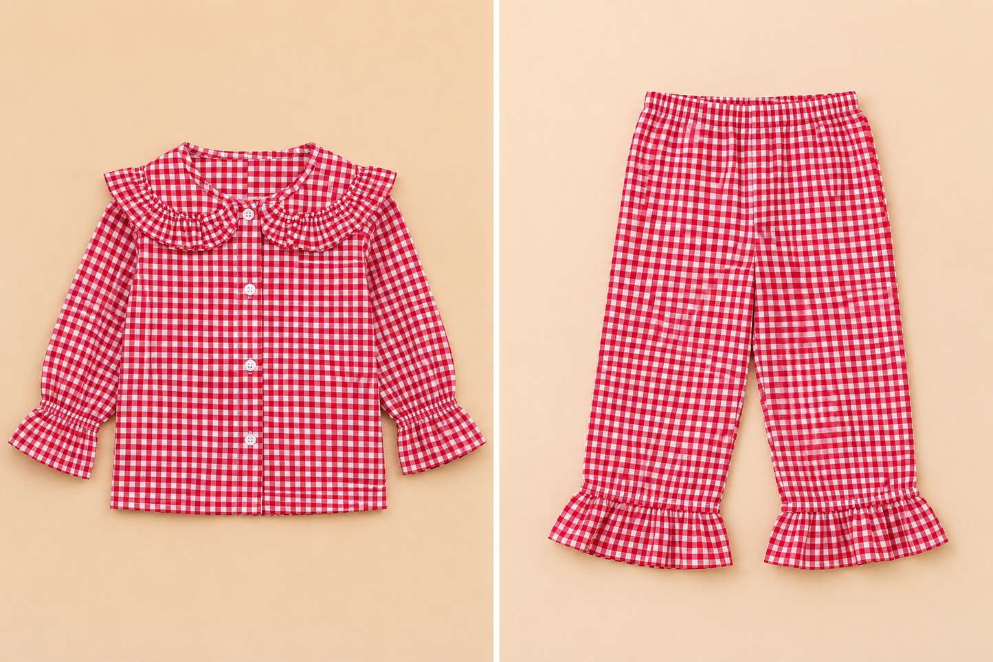 Girls Red Gingham Cotton Night Suit Set with Frill Collar & Ruffle Hem Pajamas