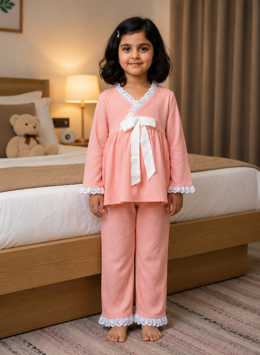 Girls Peach Cotton Night Suit Set with Lace Trim & White Bow Detail