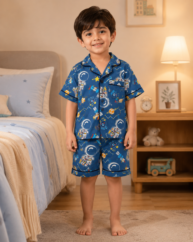 Boys Space Astronaut Printed Cotton Night Suit Set – Blue Half Sleeve Shirt & Shorts Sleepwear for Kids