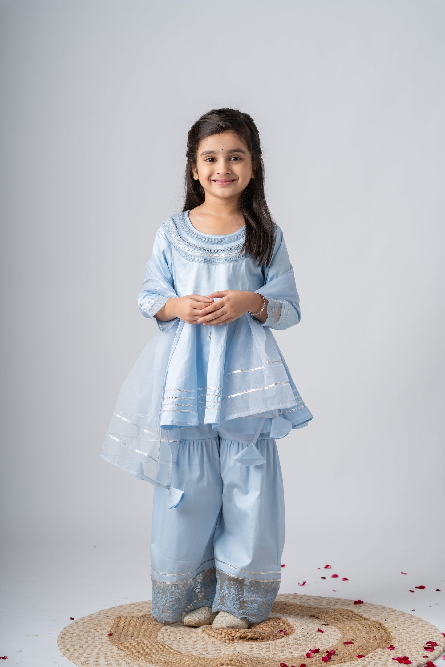 Ice Blue Cotton Kurta Sharara Set for Girls with Dupatta | Ethnic Party Wear | Soft & Breathable Kids Festive Outfit