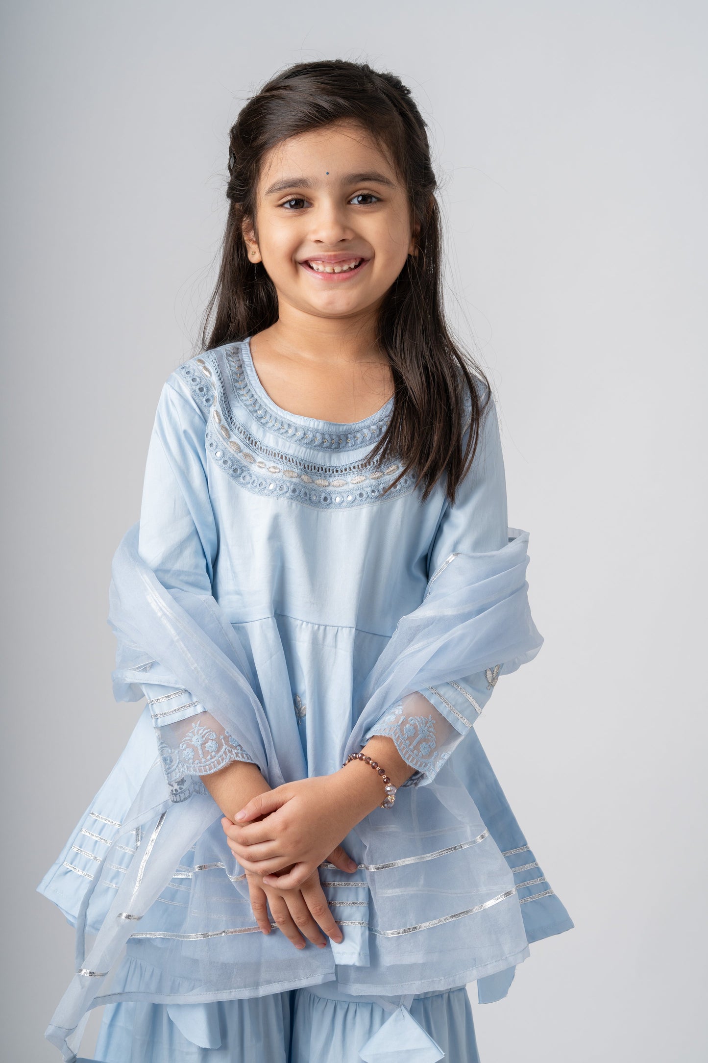 Ice Blue Cotton Kurta Sharara Set for Girls with Dupatta | Ethnic Party Wear | Soft & Breathable Kids Festive Outfit