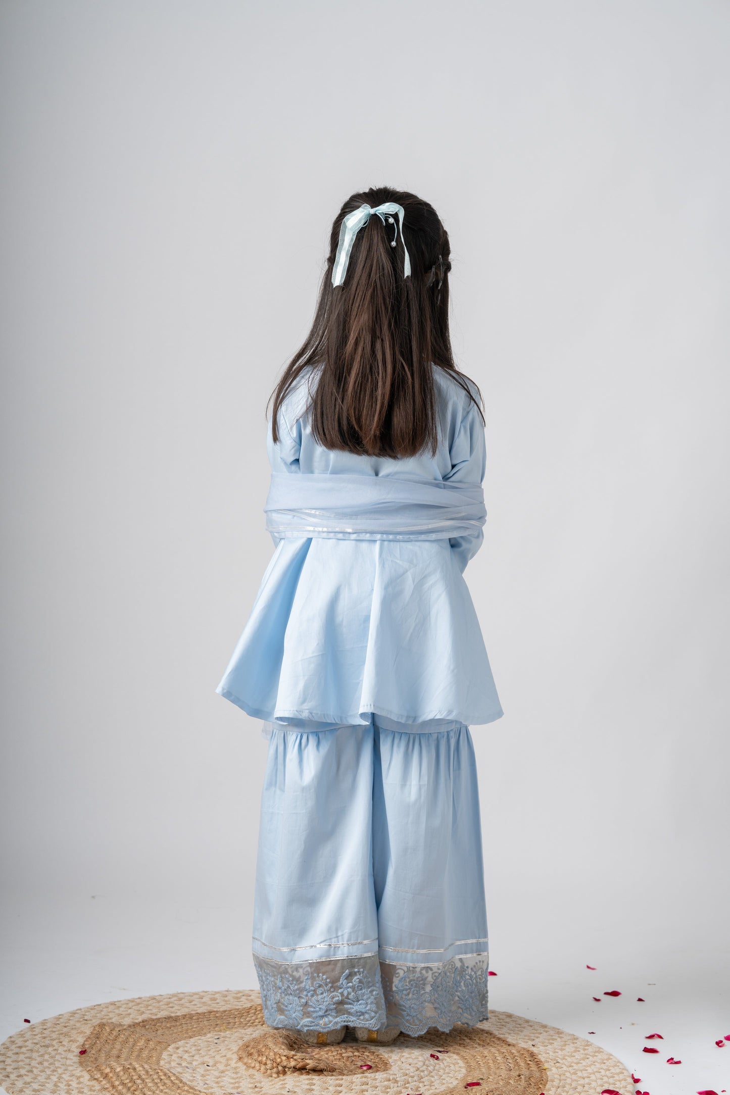 Ice Blue Cotton Kurta Sharara Set for Girls with Dupatta | Ethnic Party Wear | Soft & Breathable Kids Festive Outfit