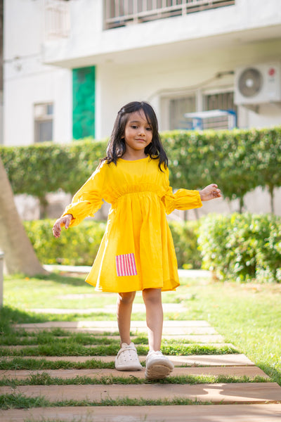 Girls Mulmul Solid Sunny Yellow Dress